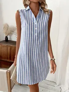 Women's Casual Sleeveless Striped Button Shirt Dress, Casual Comfy Chic Fashion Dress, Stylish Summer, Comfortable and Elegant Design, Perfect for Daily Wear