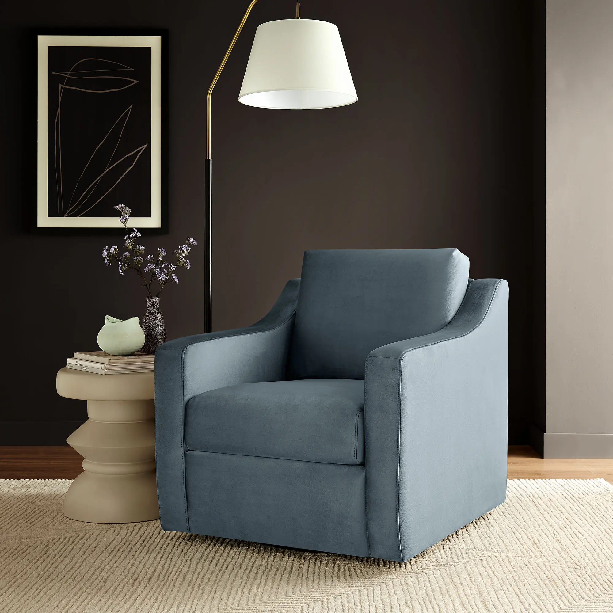 Liora Performance Velvet Swivel Armchair - Cadet Blue, 500 lbs Weight Capacity, Living Room Decor, Spot Clean, Zigzag Spring, Removable Cushions, Soft Luxurious Feel, Ideal for Reading Nook