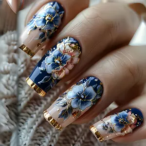 Vintage Royal Blue & Gold 3D Floral Press-On Nails| 24pcs DIY Nail Art Kit| Gemstone Embellished False Nails| Party Gift for Her