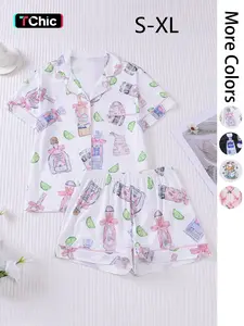 Women's All Over Print Lapel Shirt & Shorts Pajama Two-piece Set, Casual Comfy Cute Short Sleeve Top & Elastic Waist Shorts Set, Ladies Summer Sleepwear, Loungewear, Pjs, Womenswear