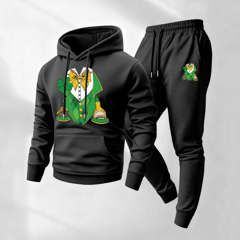 Men's Saint Patrick's Day Print Hoodie and Drawstring Sweatpants Set, Menswear, Casual Athletic Long Sleeve Hooded Jacket & Trousers for Fall & Winter, Men's Clothing for Daily Wear, Sportswear Indoor Outdoor, Tracksuit, Athleisure