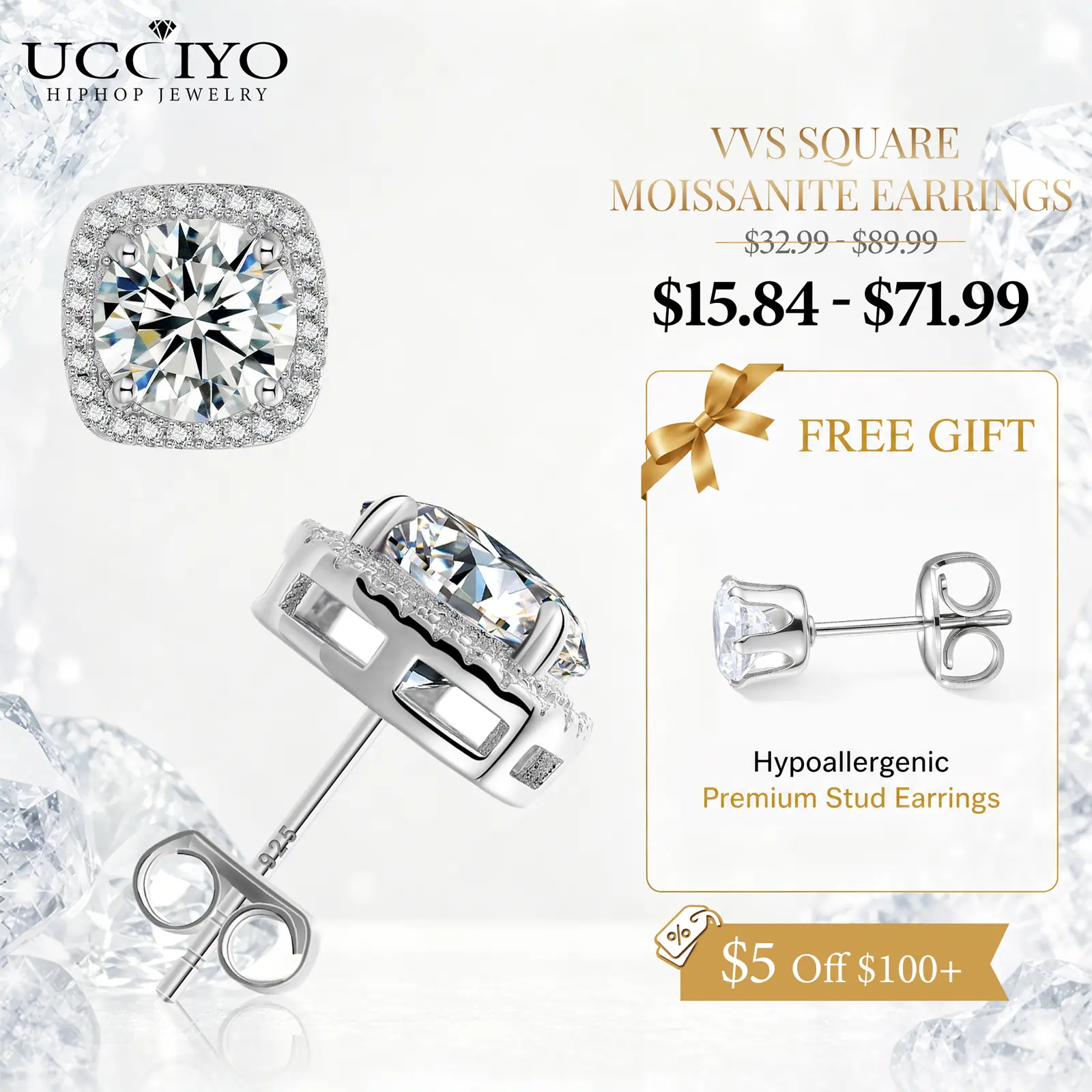UCCIYO D VVS Synthetic Moissanite Square Stud Earrings 925 Sterling Silver Women Wedding Jewelry Elegant Jewelry Birthday Gift Anniversary Evening Party summerwins  Fine Studs【#E203】