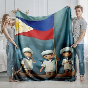 1 piece Filipino sailor children with the national flag themed flannel blanket - Oversized fluffy warm sofa blanket, suitable for beds and sofas, modern geometric pattern design, all-season use, digital printing, 100% polyester material, machine