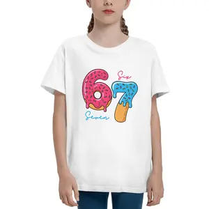 "67 Six Seven" Graphic Print — Stylish Summer Short-Sleeve T-Shirt for Girls | Trendy Crew-Neck Top featuring an "Ice Cream Numbers" Design | Casual Short-Sleeve Wear for Girls with a Cute Numeric Print