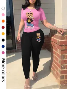 Two-piece Set Women's Cartoon Bear Print Short Sleeve Tee & Skinny Pants, Casual Round Neck T-shirt & Trousers for Spring & Fall, Ladies Clothes for Daily Wear