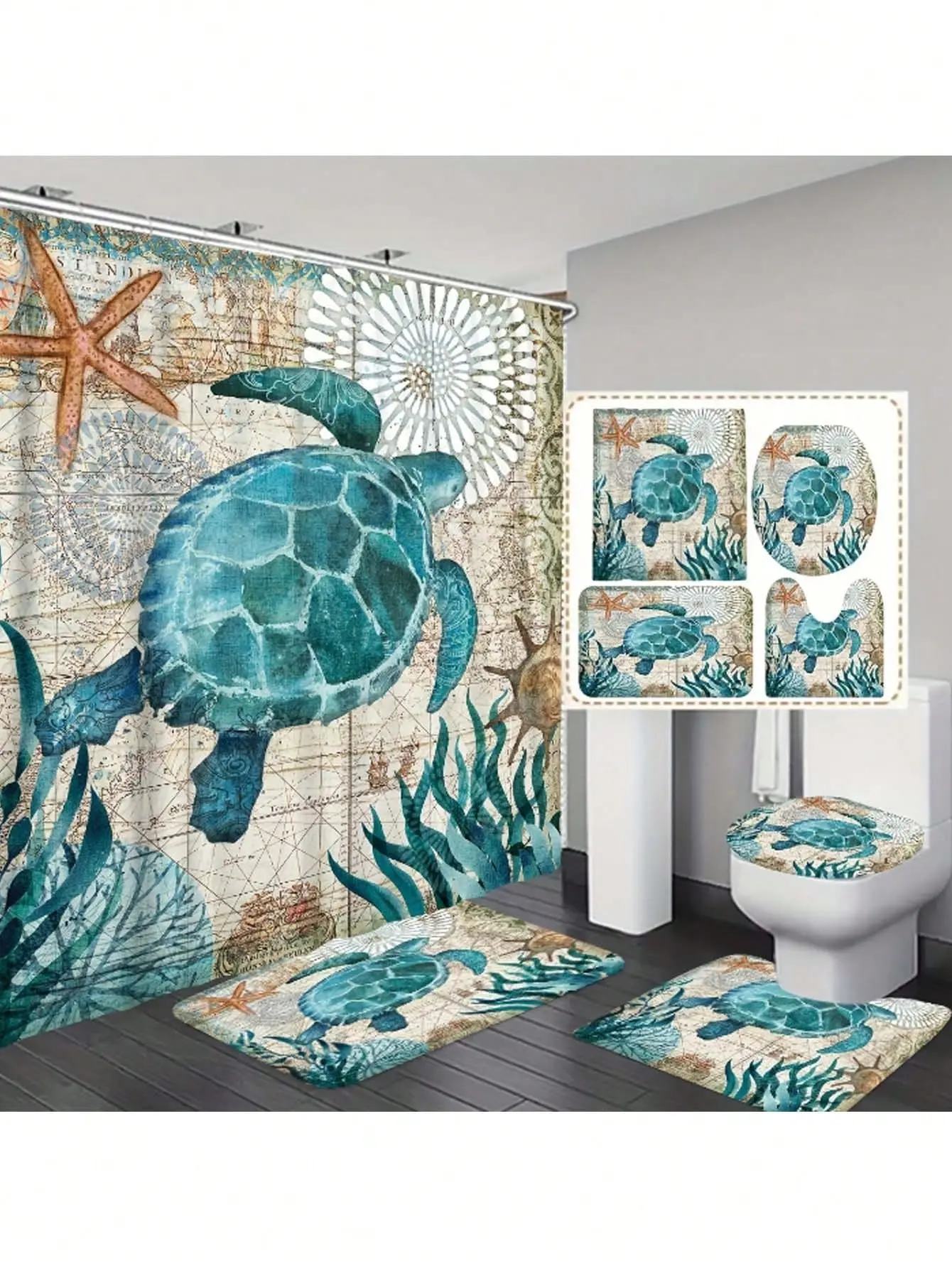 4-Piece Waterproof Bathroom Set: Shower Curtain, Partition Curtain, Hanging Curtain, High-End Bathroom Curtain, Waterproof, Moisture-Proof, Dirt-Resistant, Nordic Style, Anti-Slip Bathroom Set