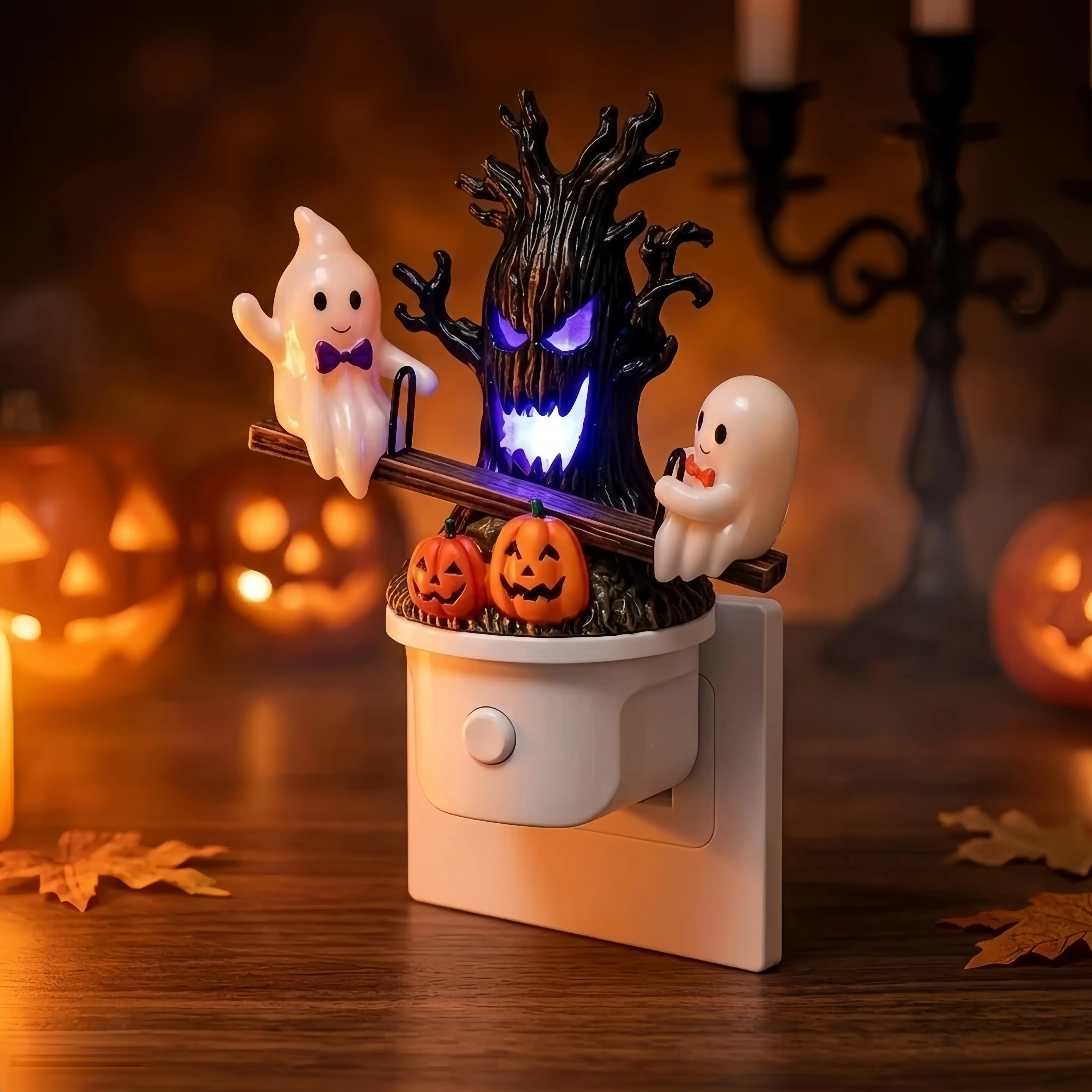 Animated Seesaw Ghosts Night Light 3D Resin Pumpkin Wall Lamp Plug in LED Halloween Decor Cute Spooky Tree Indoor Decorations for Kids Bedroom Hallway Fun Holiday Ghost Glowing Unique Gift
