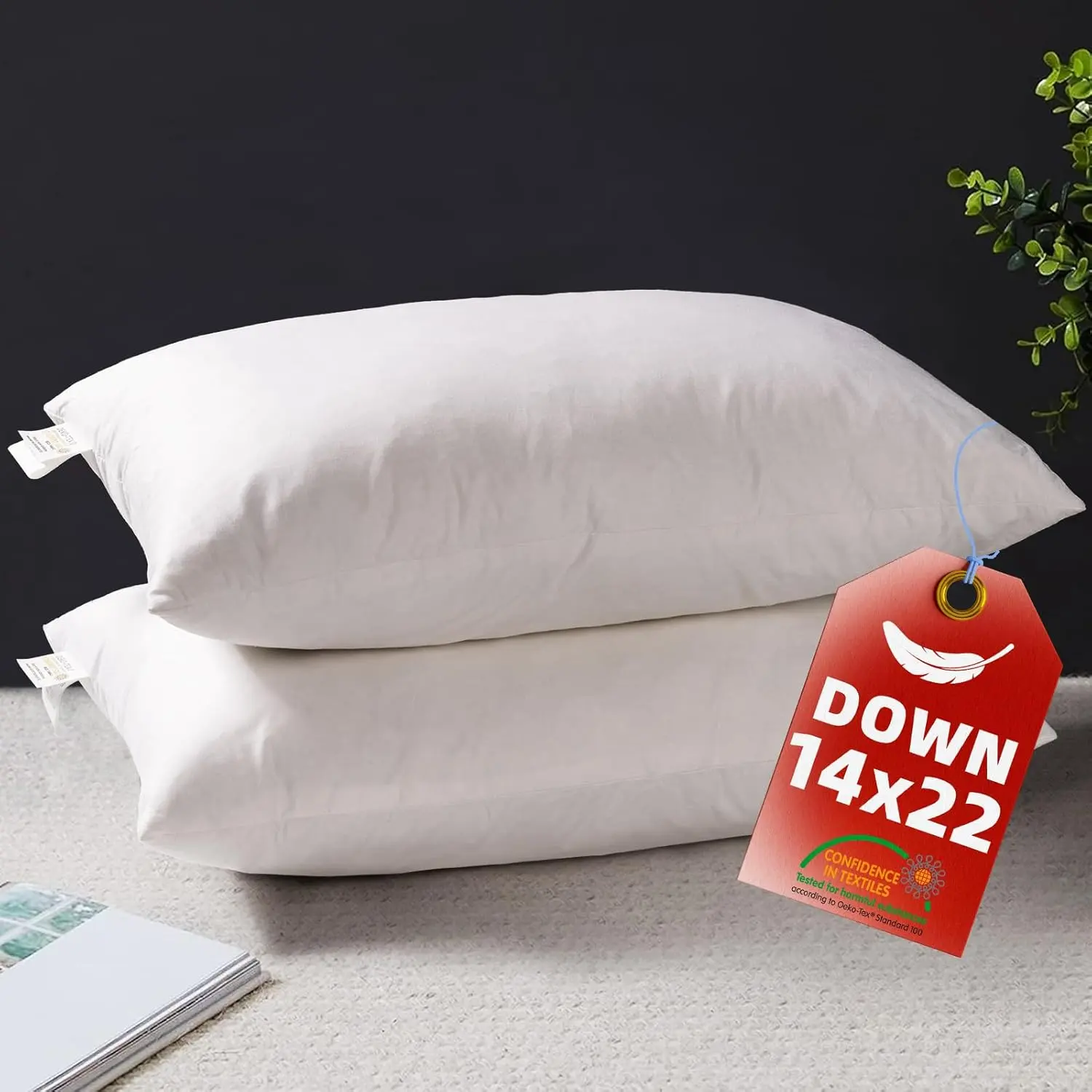 Down  Throw Pillow Inserts 14x22 Set of 2 Firm Large  Pillows for Bed Decorative Couch Soft Pillows for Sleeping Indoor White Cotton Pillow Sofa Travel