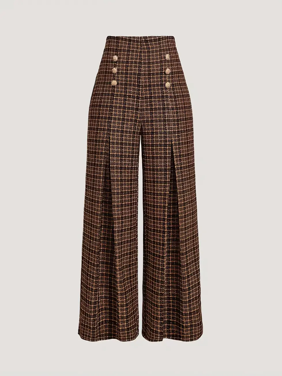 Elegant and casual brown wide-leg trousers with button details, perfect for autumn and everyday wear.