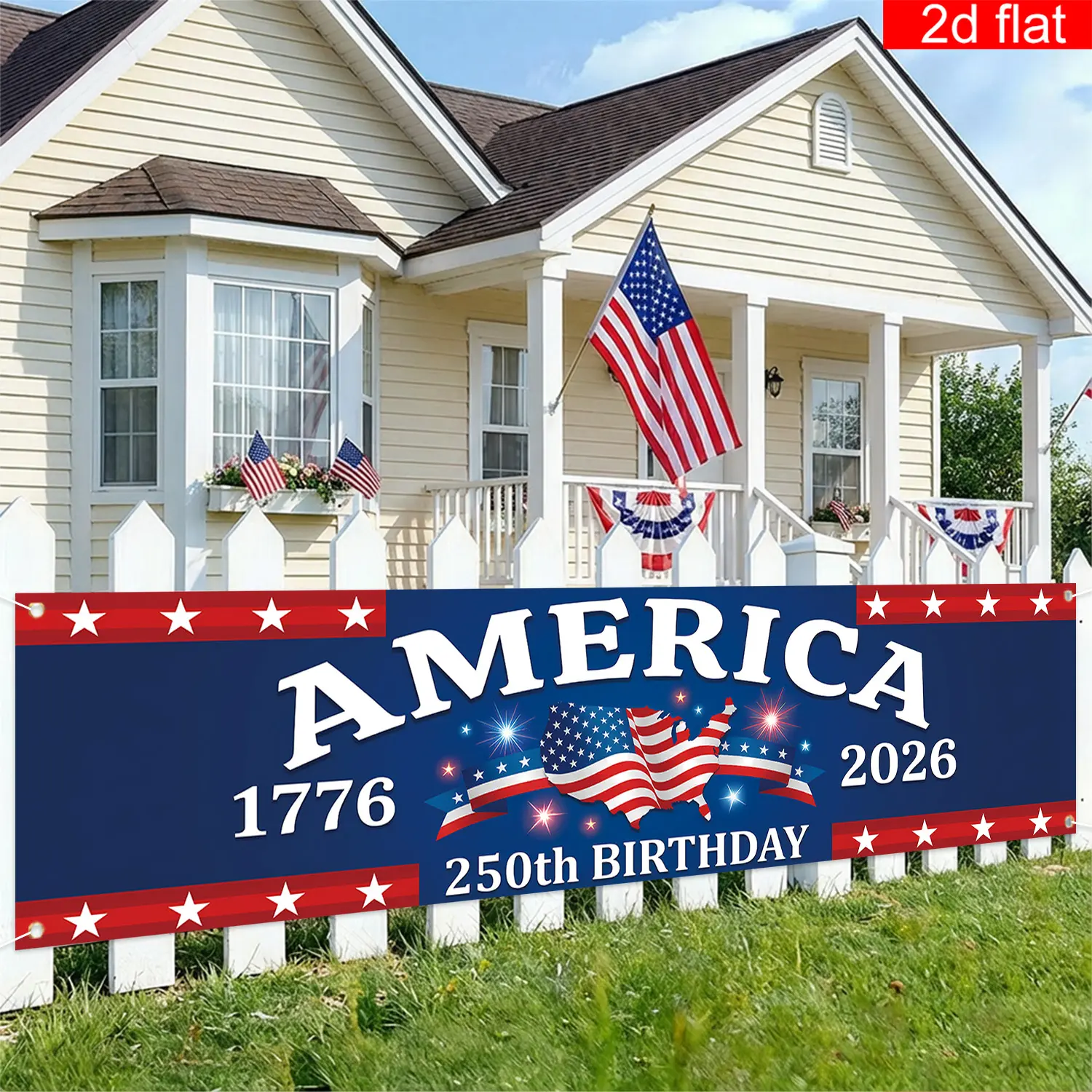 [memorial day sale] 250th Anniversary of American Independence Day Banner(1776-2026), 250th Birthday with American Flag& Star Design, 17.72x78.74in, for Indoor/Outdoor Home Decor for the Anniversary Celebration, 2D Fla