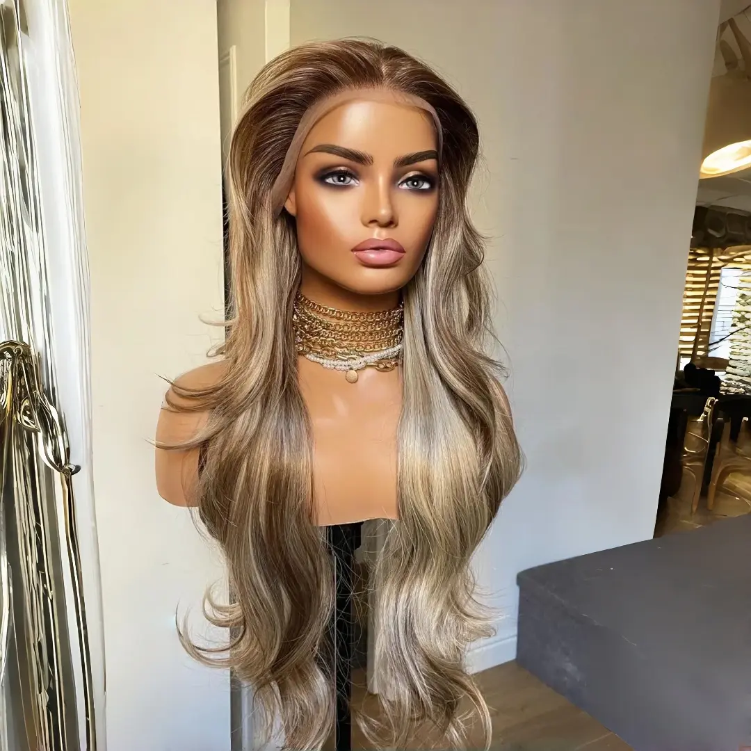 Female Natural Fluffy Synthetic Lace Front Wig - 28 Inches Ash Brown with Blonde Highlights Long Body Wave, Pre-Plucked Hairline, Heat-Resistant, Glueless, Dramatic and Feminine, Pre-Plucked Line