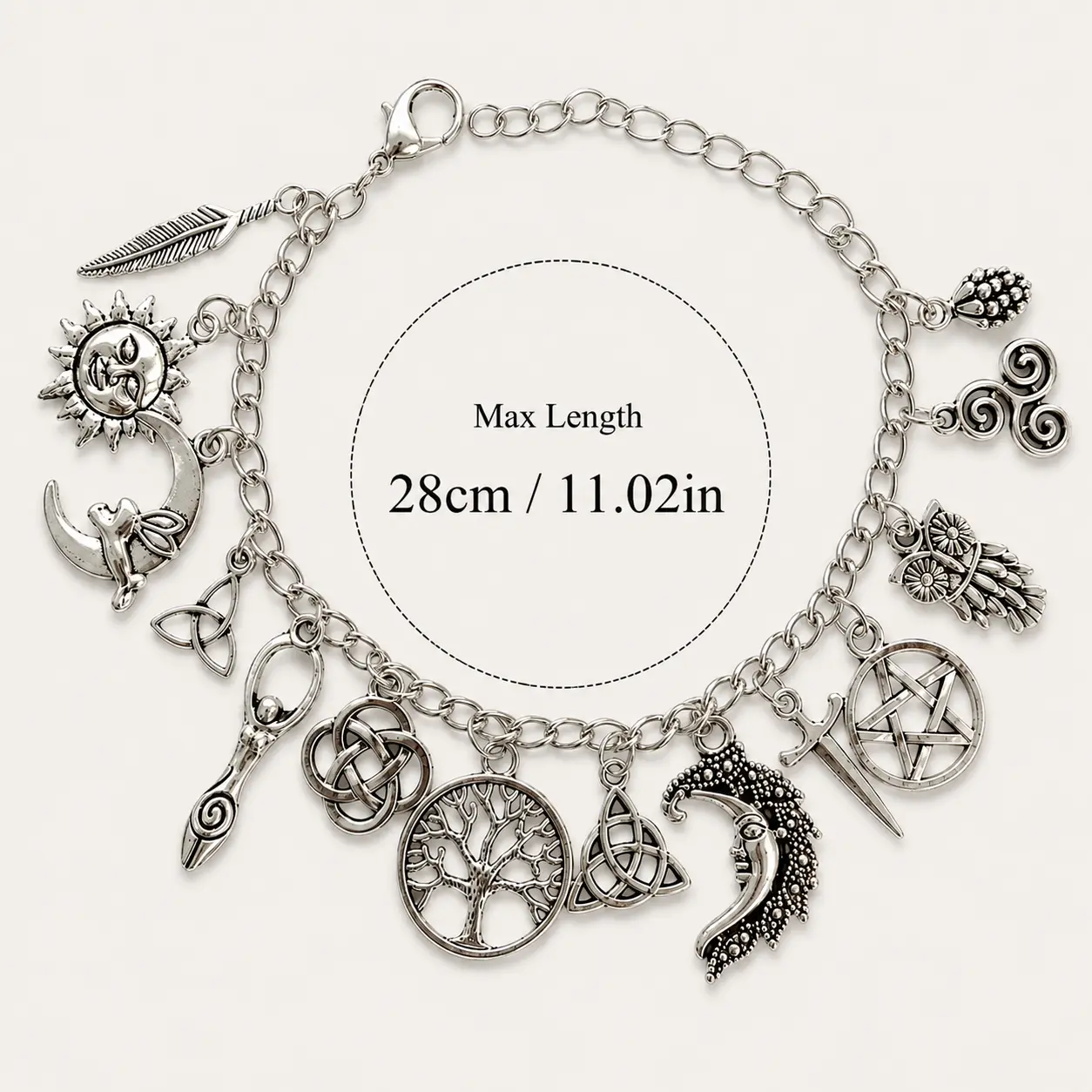 Vintage Witchy Charm 2-in-1 Bracelet & Anklet - Silver-Tone Pagan Jewelry with Moon, Sun, Tree of Life, Owl, Pentagram Charms - Gothic Boho Celestial Gift for Dark Romance Enthusiasts (bracelets)
