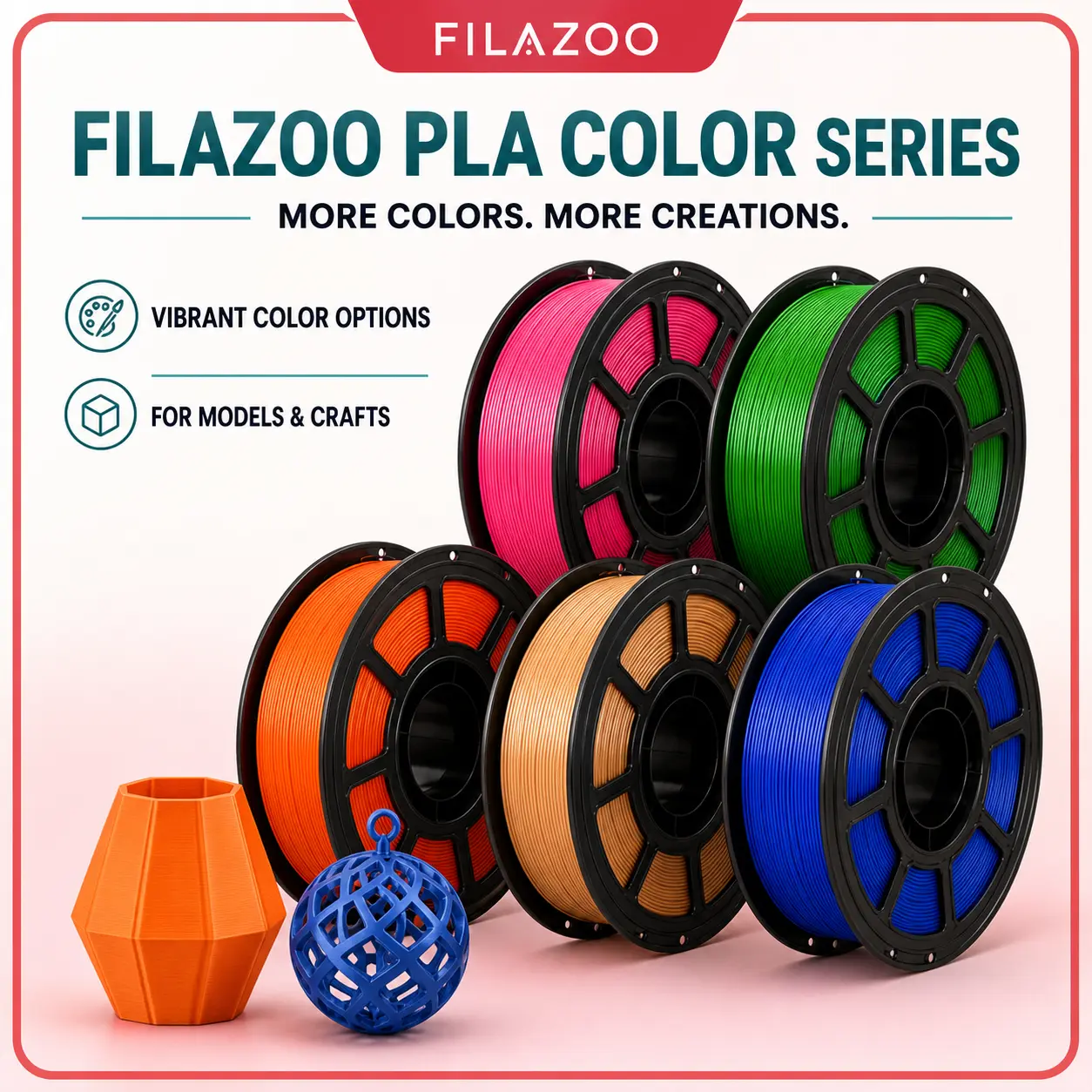 FILAZOO PLA 3D Printer Filament 1.75mm, 1KG Spool for FDM Printers, Vibrant Color, Smooth Consistent Extrusion, Strong Layer Adhesion, Low Warping, Easy Printing for Models, Crafts and Home Decor