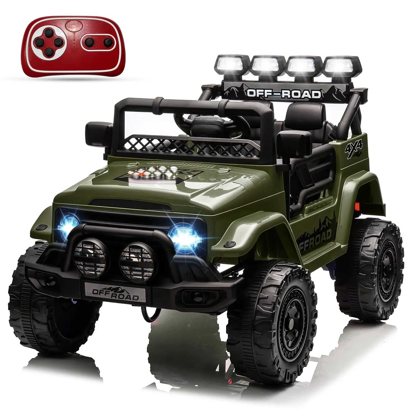 GARVEE 12V Electric Toddler Car Ride-On Truck for Kids, 37-96 Months, 5MPH Max Speed, Remote Control, Realistic Steering Wheel, Accelerator Pedal, Treaded Tires, Music & Story Modes, Green