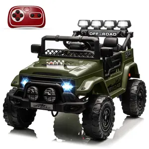 GARVEE 12V Electric Ride-On Truck for Ages 37-96 Months with 5MPH Max Speed, Remote Control, Steering Wheel, Accelerator Pedal, Treaded Tires, Music and Story Features, Green Color