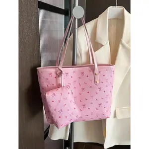 Two Pieces New Large Capacity Full Body Print Design Bow And Floral Pattern Decoration Design Double Handles Tote Bag, Suitable For Work And Commuting, School Bag, Large Capacity, Portable, Classic Casual,  arctic  tote  bag cute  beach  bag bean  tote