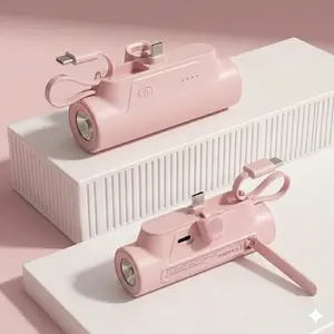 Mini portable power bank with 5000mAh capacity, featuring a digital display and USB-C cable, compatible with iPhones and Android devices, and supports 22W PD fast charging.