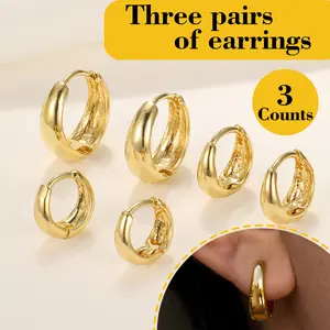 3 Counts Women's Post Earrings,Plated trendy small lightweight chunky gold/silver hoops earrings set  earrings pack stack