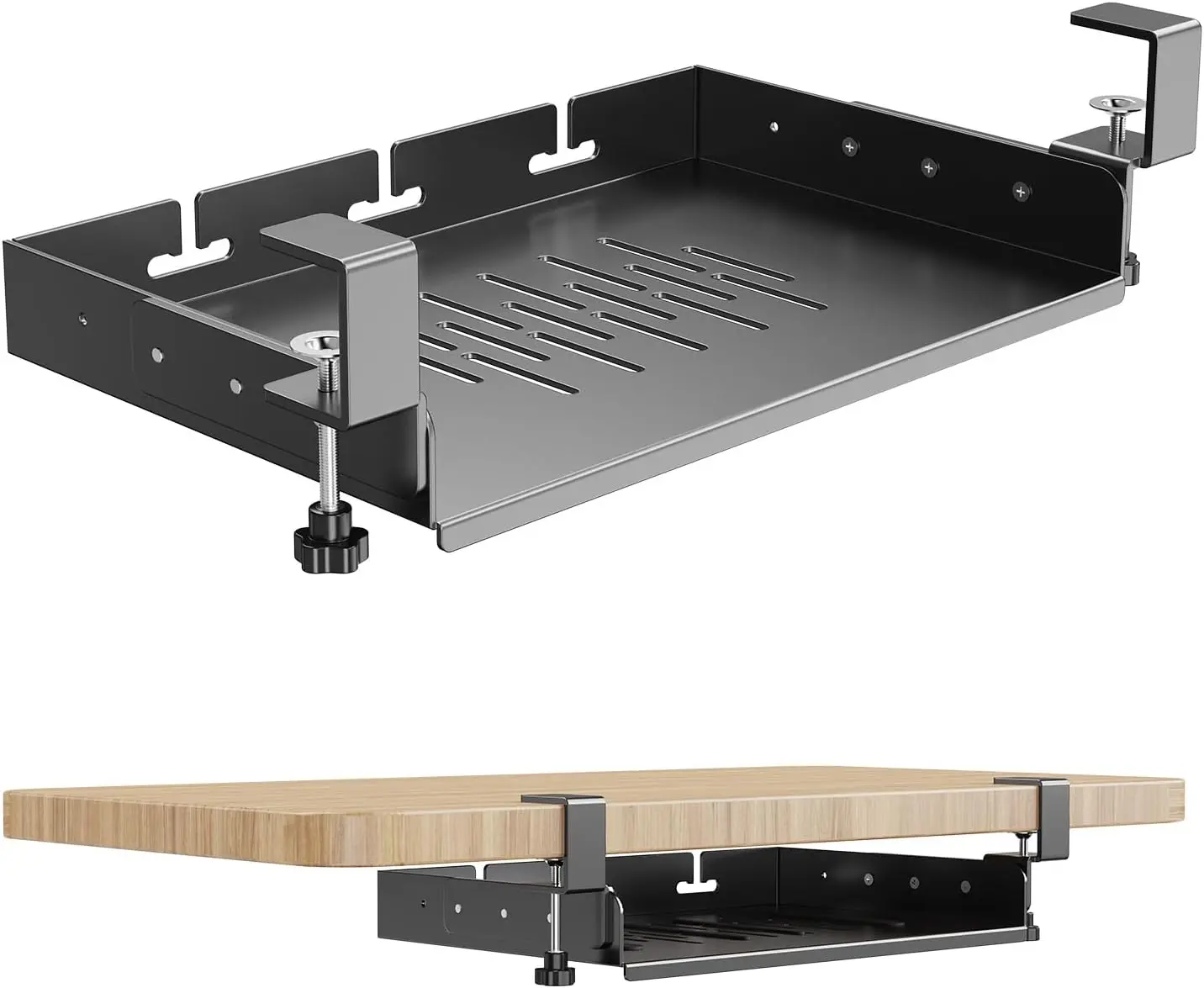 No Drill Under Desk Laptop Mount, Metal Under Desk Storage Shelf with  Management, Laptop Storage Tray for MacBook, Keyboard,  Mini, Anti-Scratch , Fits Office, Gaming, Workstations
