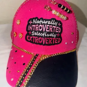 Hot Pink Naturally Introverted Selectively Extroverted Trucker Hat with Rhinestones Pearls and Gold Trim