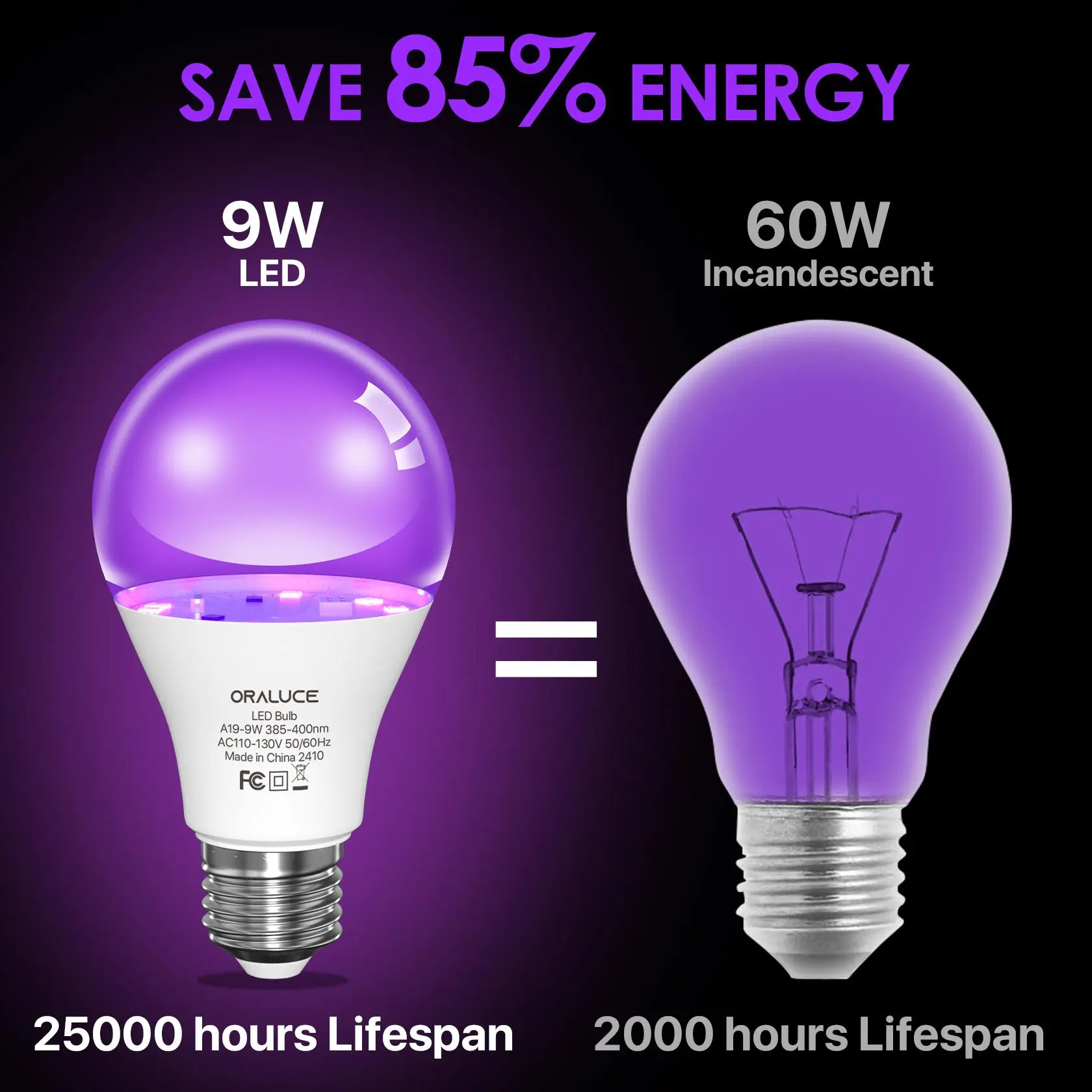 UV LED Black Light Bulb - 60W Equivalent A19 Ultraviolet LED Bulb, E26 Standard Base, 385-400nm UVA Level, Fluorescent Reactive, Energy-Saving, Easy Installation, 2-Pack Urine-Detect Light for Body Paint, Halloween, Makes Neon Dyes Glow Bright