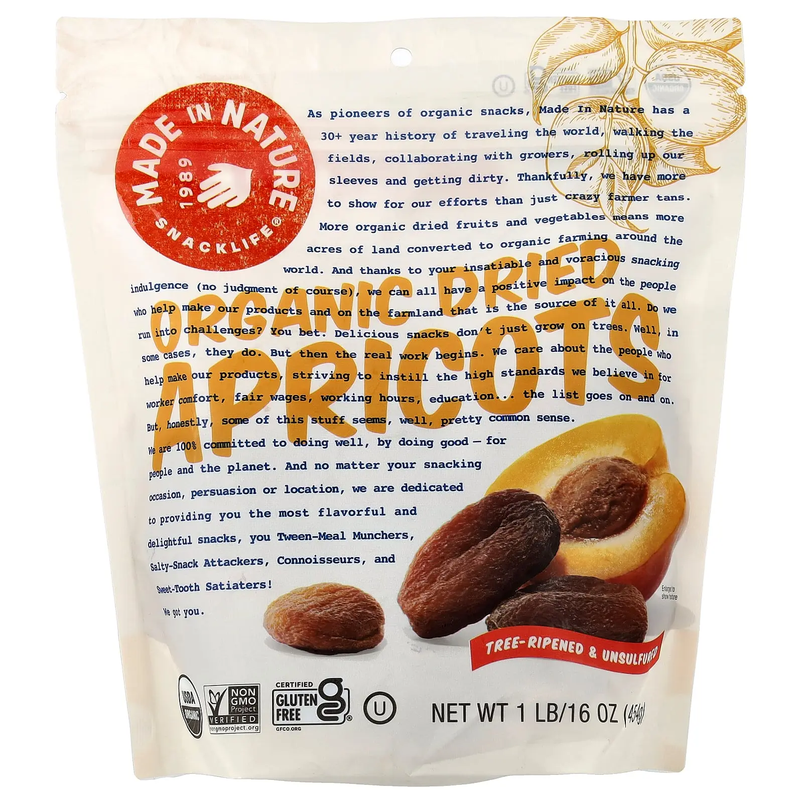 Made in Nature Organic Dried Apricots, Tree-Ripened & Unsulfured, 1 lb (454 g)