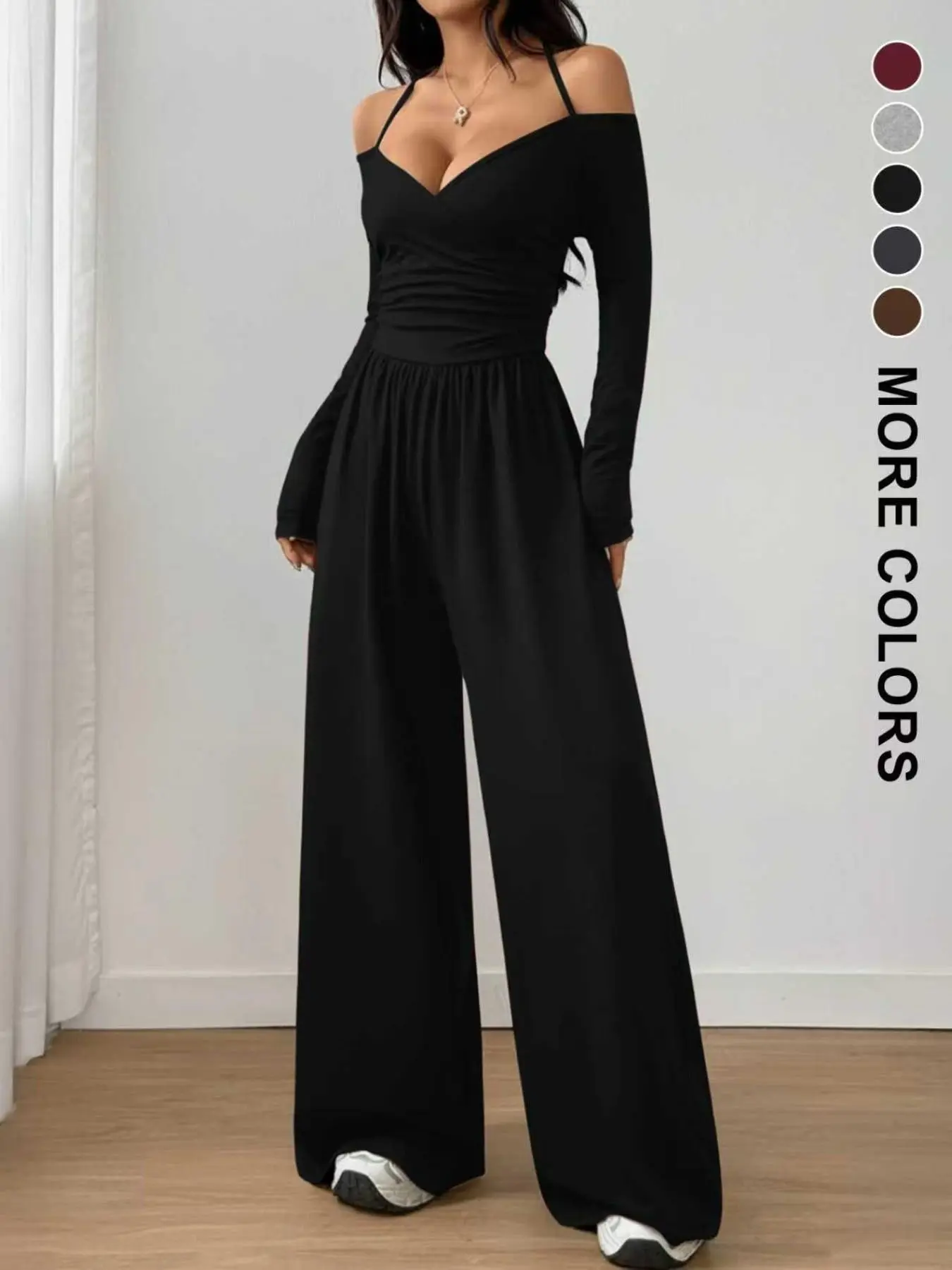 Women's Spring Summer Solid Color Basic Knit Long Sleeve Fashion Off-Shoulder Pleated Wide Leg Casual Everyday Jumpsuit, Casual Comfy Jumpsuit, Daily Commute Wear Pants