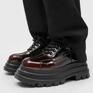 Men's Black and Red Color-blocked Patent Leather Platform Shoes, Retro Heightening Casual Shoes