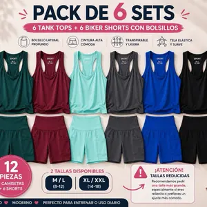 Women's 6-Piece Activewear Sets - Tank Tops & Pockets Biker Shorts, Available in M/L, XL/XXL Sizes These sets run small. If you are between sizes or prefer a more comfortable fit, we recommend ordering one size up. For curvier or fuller body types