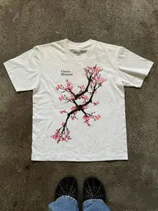 Women's Round Neck Cherry Tree Print Short Sleeve Casual Versatile T-Shirt