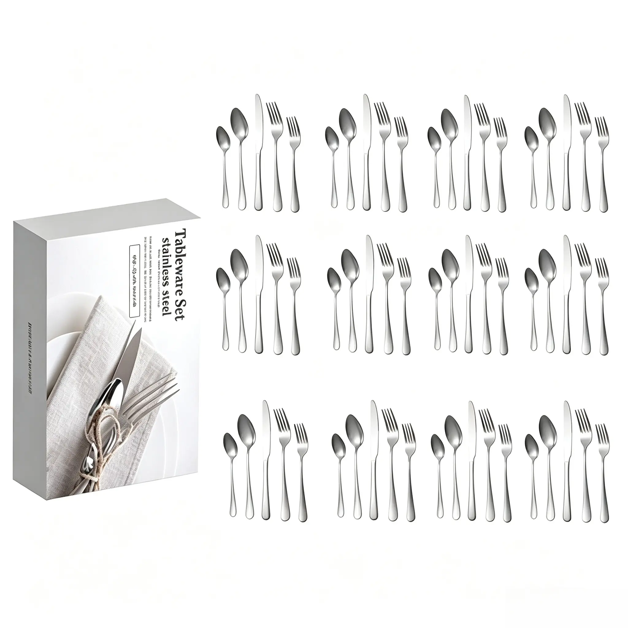 60-Piece Silver Stainless Steel Flatware Set, Service for 12, Steak Knives Forks Spoons, Western Cutlery Set with Color Gift Box