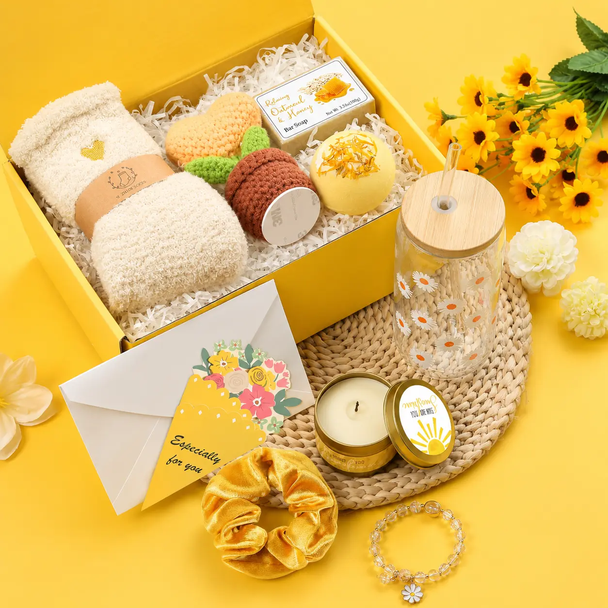 9-Piece Gift Basket for Women, Self-Care Gift Set with 18 oz Daisy Glass Cup, Candle, Socks, Bath Bomb, Soap & Bracelet, Birthday, Mother's Day & Get Well Gift
