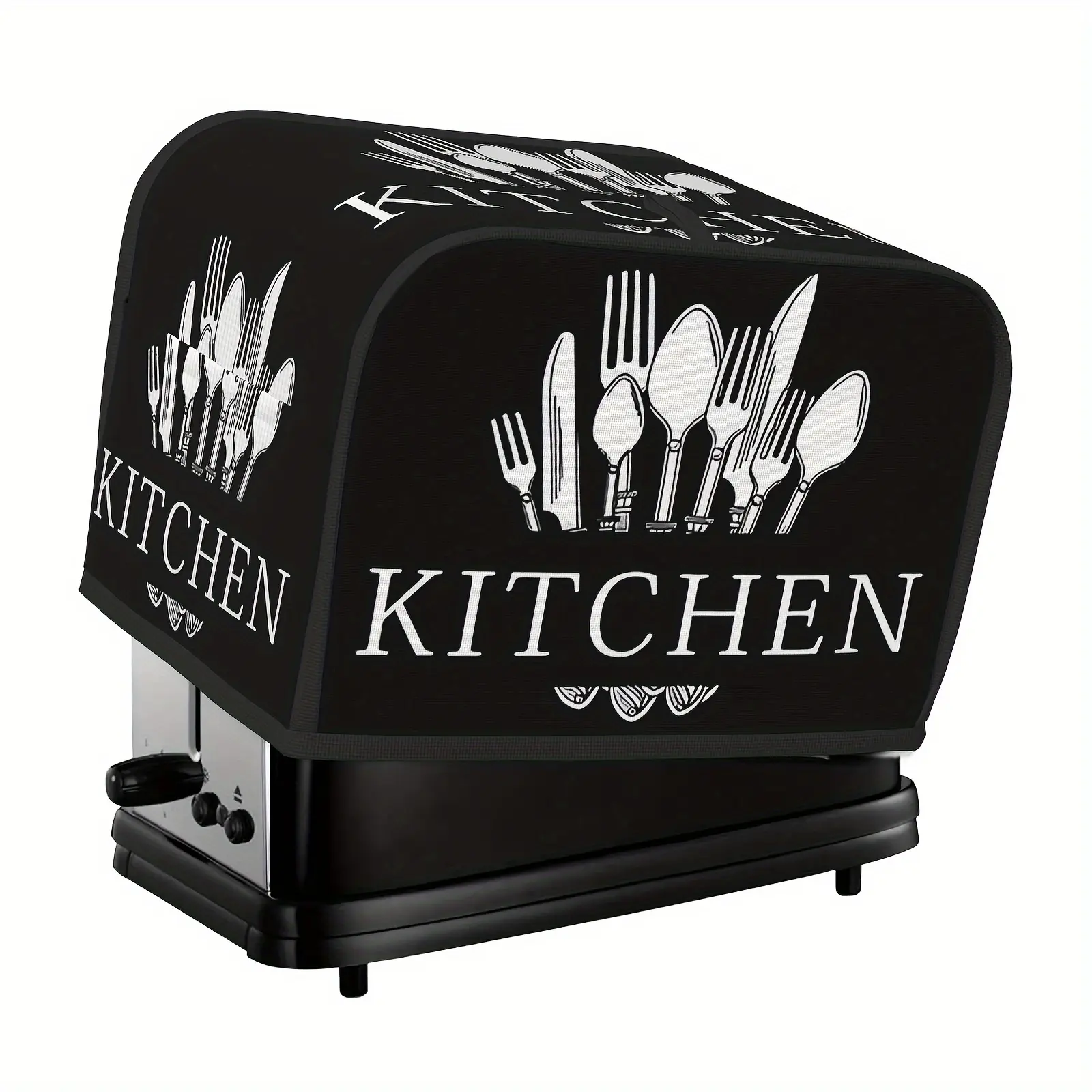 Kitchen Toaster Dust Cover Bread Machine Protective Cover Small Appliance Cover 2 Slice Black with White Cutlery Design Fits Most Microwave Oven Covers Easy Installation & Versatile Use Set