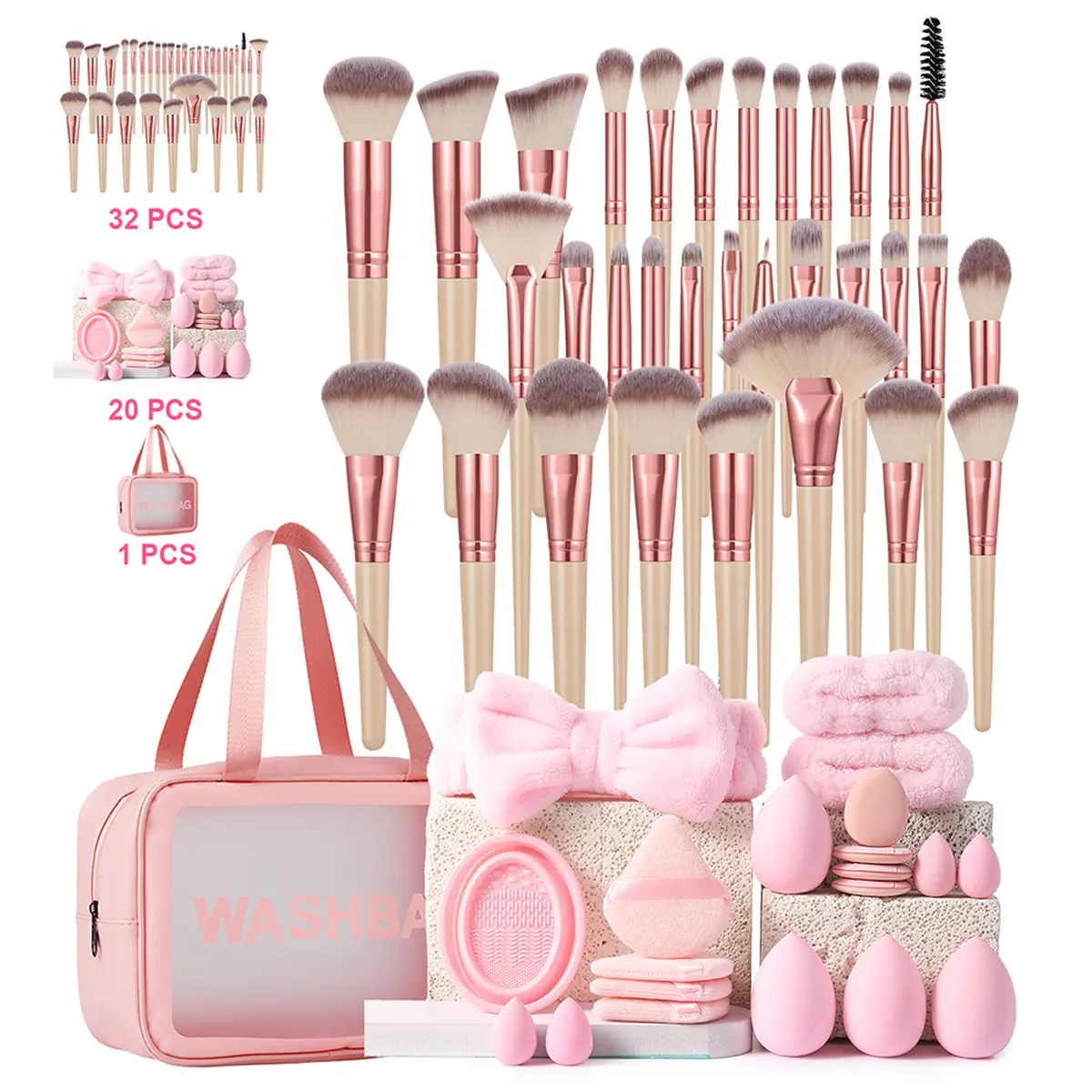 53PCS Makeup Tools Set,Waterproof Zipper Cosmetic Bag,32 Makeup Brushes,4 Sponges,4 Mini Sponges,4 Triangle Puffs,4 Mini Air Cushion Puffs,1 Hairband,2 Hand Bowl Straps,1 Brush Cleaning Tool, Flawless, Smooth, Travel Makeup Bag, Compact