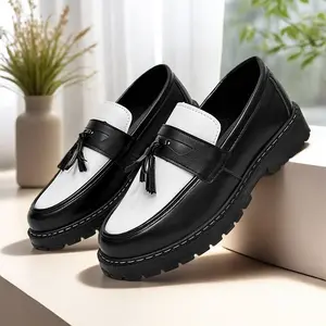 Brand OEIN Men's Black and White Non-Slip Round Toe Loafers- Glossy Polishable Formal Shoes with Lace Closure, Cushioned Insoles and Arch Support, Suitable for Business, Office, Casual Wear All-Season Casual and Formal Shoes- Simple Retro Design, PU Lini