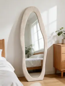 Summervibes 63"x24" Full Length Mirror, Flannel-Wrapped Wooden Frame, Irregular Wavy Design, Shatterproof Tempered Glass, White Home Decor for Bedroom, Living Room Decor