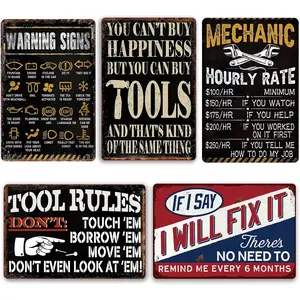 5 Piece Man Cave Decor Funny Garage Signs Vintage Metal Garage Tin Sign Car Shop Posters Mechanic Gifts For Men Room Decor Mechanic Shop Sign Retro Garage Wall Decorations