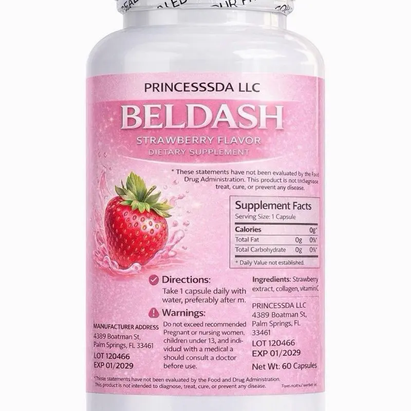 PRINCESSSDA BELDASH Strawberry Flavor Dietary Supplement, 60 Capsules in Bottle Pack, Collagen-Vitamin C Extract Blend for Daily Support, Capsule Form