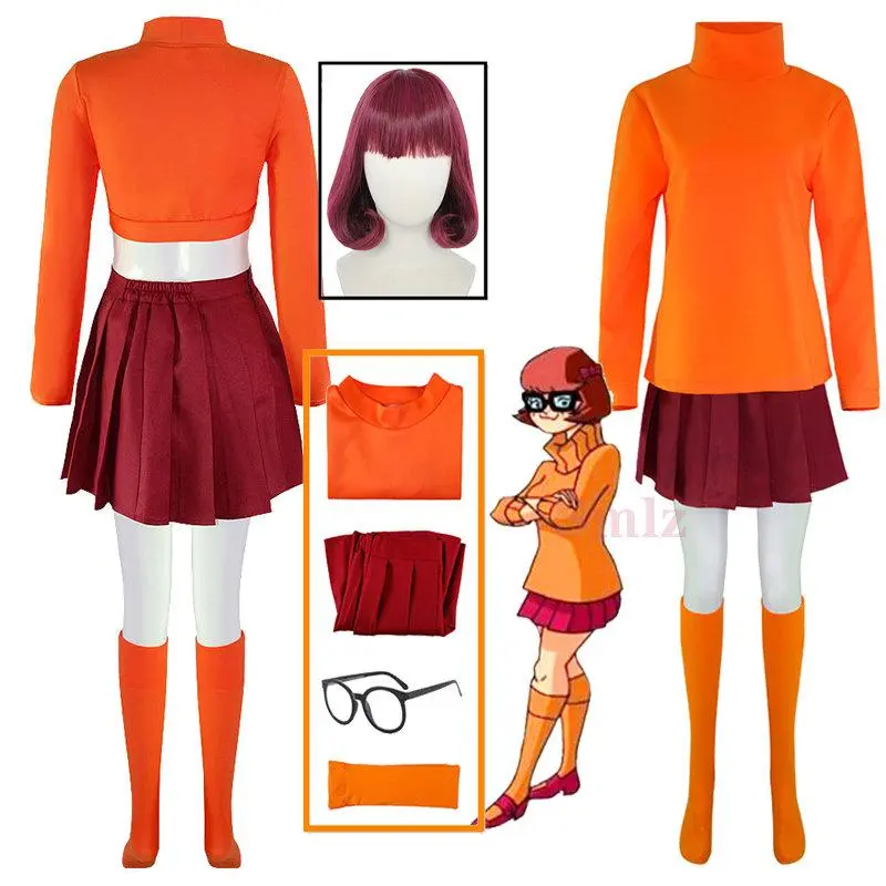 Velma Cosplay Costume Set for Women - Anime Orange Top, Skirt, Socks, Wig, Women's Clothes, Halloween Cosplay Clothes, Lady
