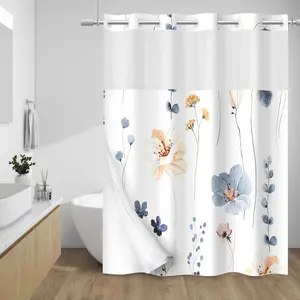 No Hook Shower Curtain with Snap in Liner - Watercolor Floral Shower Curtain - Fabric Waterproof Inner Liner, Plants Blue Beige Flowers White Cloth Shower