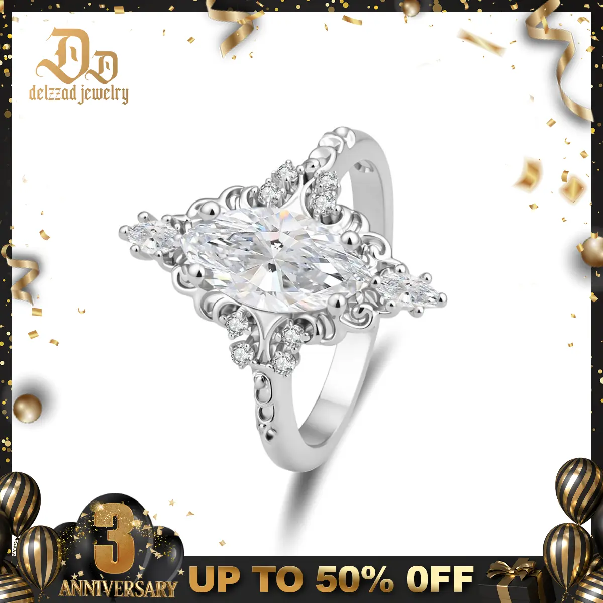 Delzzad 14K Gold-Plated 2.3ct The Versailles Marquise Ring Whispering Scrolls Band Ring VVS Synthetic Moissanite Ring Jewelry Perfect Birthday Engagement Wedding Anniversary Christmas Valentine's Day Mother's Day Gift