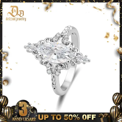 Delzzad 14K Gold-Plated 2.3ct The Versailles Marquise Ring Whispering Scrolls Band Ring VVS Synthetic Moissanite Ring Jewelry Perfect Birthday Engagement Wedding Anniversary Christmas Valentine's Day Mother's Day Gift