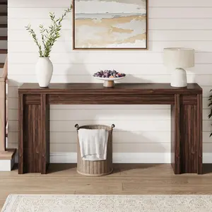 Modern Extra-Long Wooden Console Table with 2 Drawers & 2-Tier Storage Shelf, l-Shaped Legs, Sturdy Mark-Resistant Accent Table for Entryway, Living Room & Dining Room, Cherry Finish