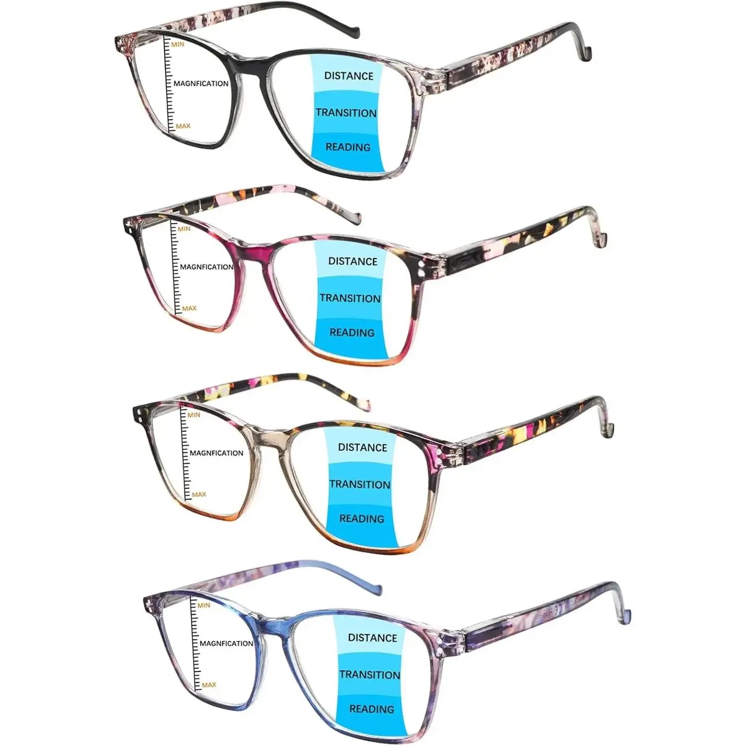 Women's Cat-Eye Reading Glasses 4-Pack for Adults, High Quality Full Rim Eyewear with Progressive Blue Light Blocking Lens