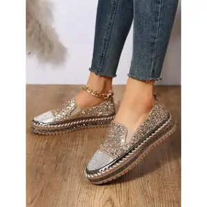 Women's Fashion Rhinestone Decorated Slip on Platform Shoes, Walking Shoes, Casual Lightweight Glittering Sequin Decor Shoes for Daily Wear, Footwear, Non-slip Comfortable Shoes for Women & GirlsGift