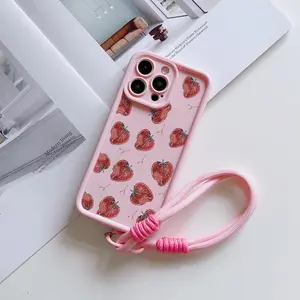 Cute Raspberry Pattern Phone Case with Lanyard, Anti-Drop Tpu Soft Shell for iPhone 11/12/13/14/15/16 Series, Shockproof Protective Cover