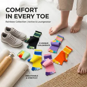 Girls' Seamless Rainbow Stripes Five Finger Toe Socks - 6 Pack Cotton Crew Socks for Kids School, Comfortable Breathable Non-Slip Everyday Wear, Colorful Striped Pattern Children's Socks