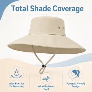 Women's Sun Hat-Wide-Brimmed Bucket Hat with Ponytail Hole | Fishing Hat (UPF 50+) | Foldable for Beach & Gardening | Packable Brim