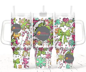 Merry Mischief Christmas Mug Tumbler 40oz Neon Green & Pink Holiday Design Fun Festive Gift Oct '25 Double-Wall Stainless Steel with Handle & Straw Drinkware Flasks