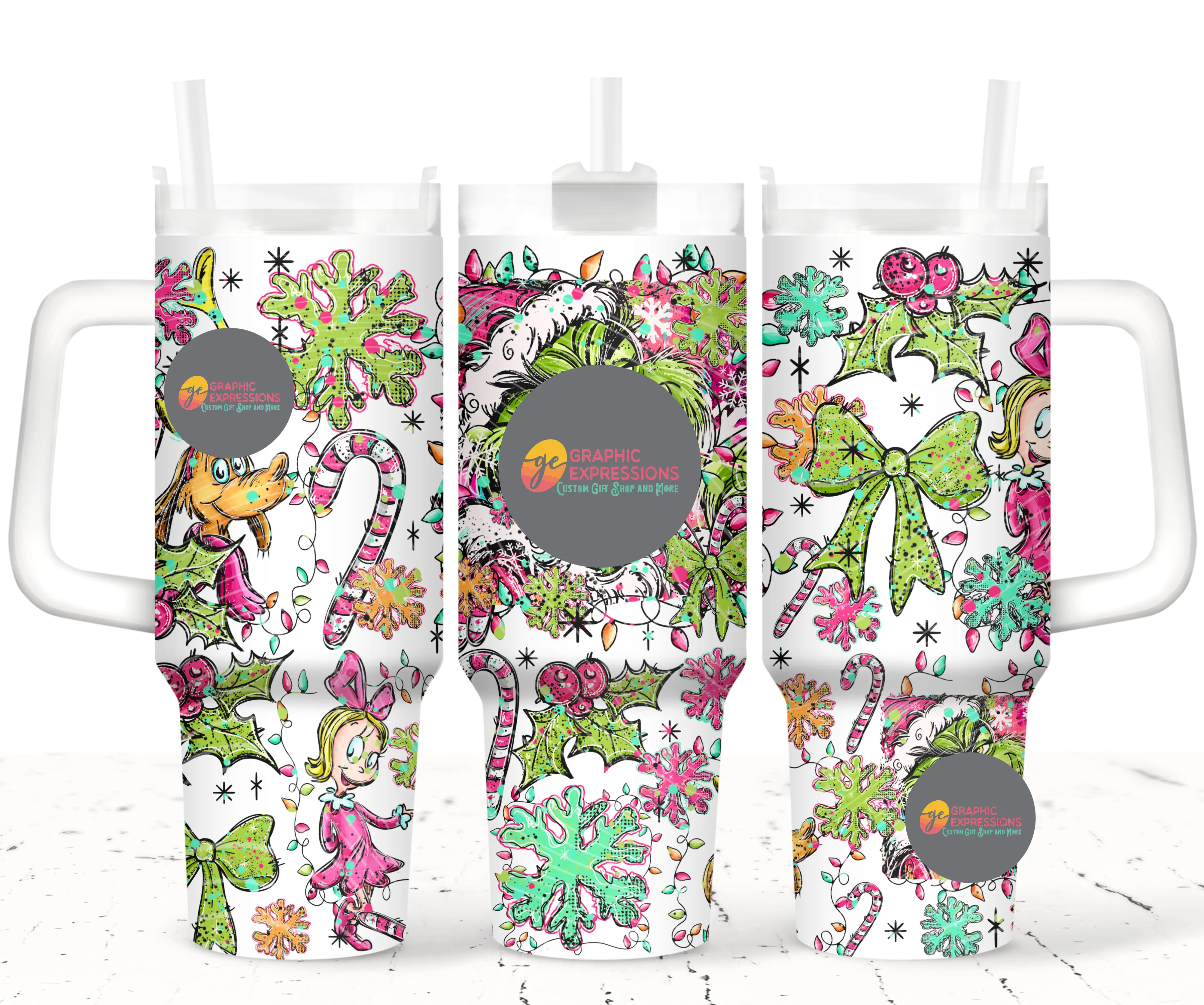 Merry Mischief Christmas Mug Tumbler 40oz Neon Green & Pink Holiday Design Fun Festive Gift Oct '25 Double-Wall Stainless Steel with Handle & Straw Drinkware Flasks